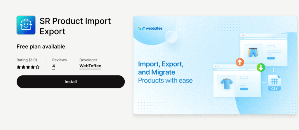 shopify app for import and export product: sr product import and export