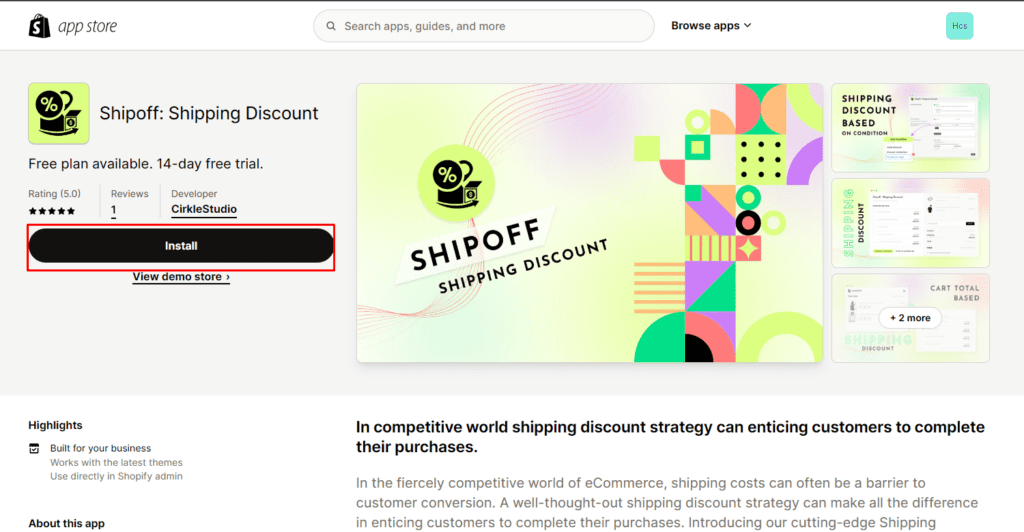 the first step to install shipoff: shipping discount from the shopify app store